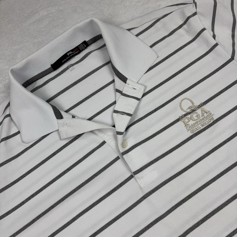 Ralph Lauren RLX Polo Shirt Mens L White Striped Golf Moisture Wicking PGA Quail